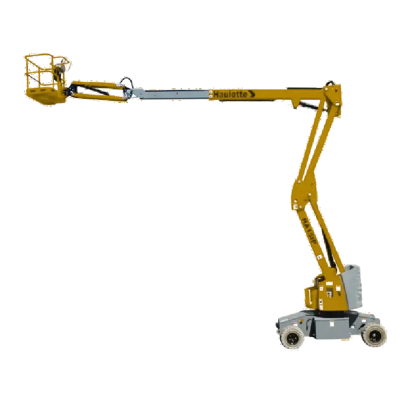 Manlift eléctrico Haulotte HA15 IP elevándose en entorno industrial, plataforma articulada silenciosa y ecológica.