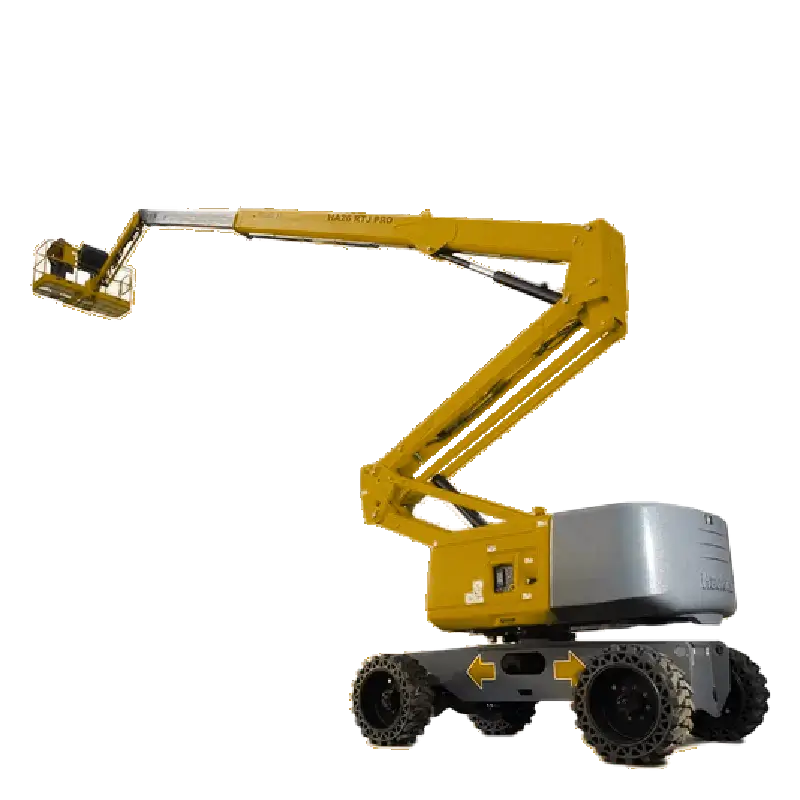 Plataforma Haulotte HA26 RTJO con tracción todo terreno y brazo articulado extendido, ideal para faenas industriales a gran altura.