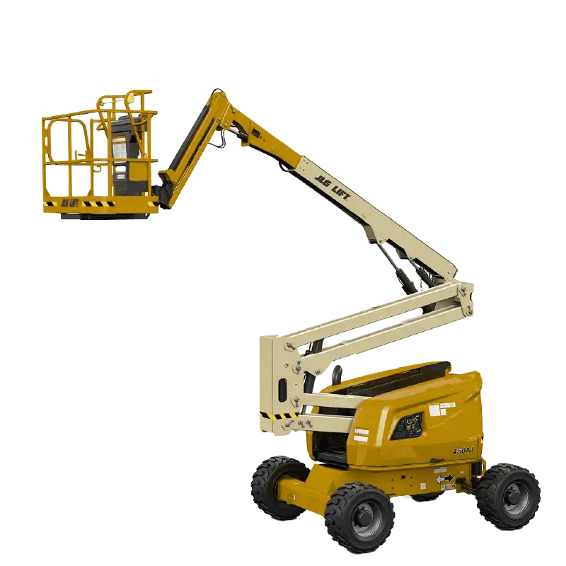 Manlift JLG 450AJ diésel en obra, brazo articulado de 15,7 metros, robusto y preparado para terrenos irregulares.