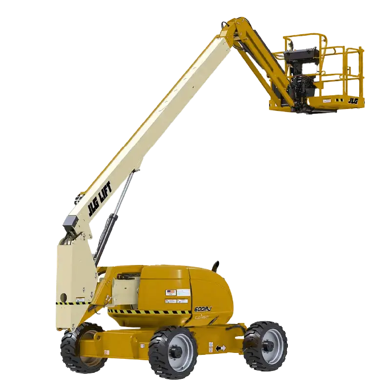 Manlift diésel JLG 600AJ articulado en operación, alcance vertical de 20,4 m y tracción 4x4 para terrenos difíciles.