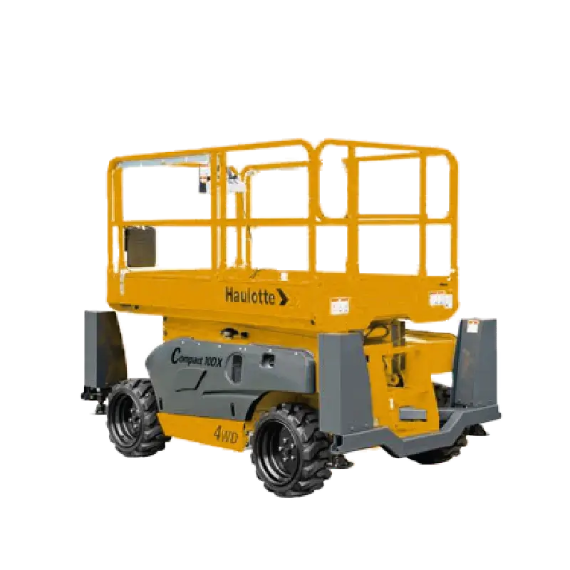 Plataforma Haulotte COMPACT 12 con elevación tipo tijera, equipo eléctrico para trabajos interiores sin emisiones ni ruido.