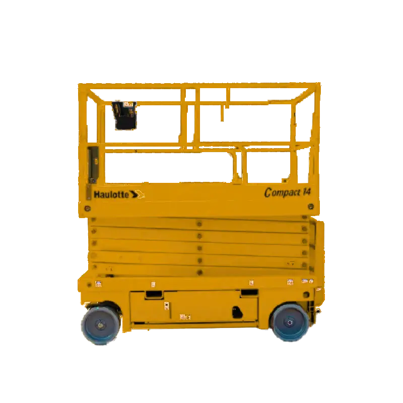 Elevador tipo tijera Haulotte COMPACT 14 con sistema eléctrico, uso interior seguro y silencioso para tareas de altura.